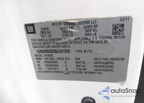 2011 Chevrolet Traverse 1Lt из США, поврежденный, VIN 1GNKRGED3BJ341058